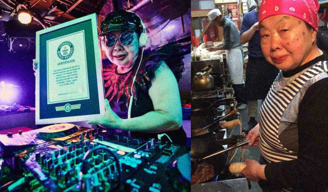 An elderly woman DJ wearing headphones and sunglasses holds a Guinness World Records certificate in a colorful club; on the right, she cooks at a kitchen stove, wearing a striped apron and red bandana.