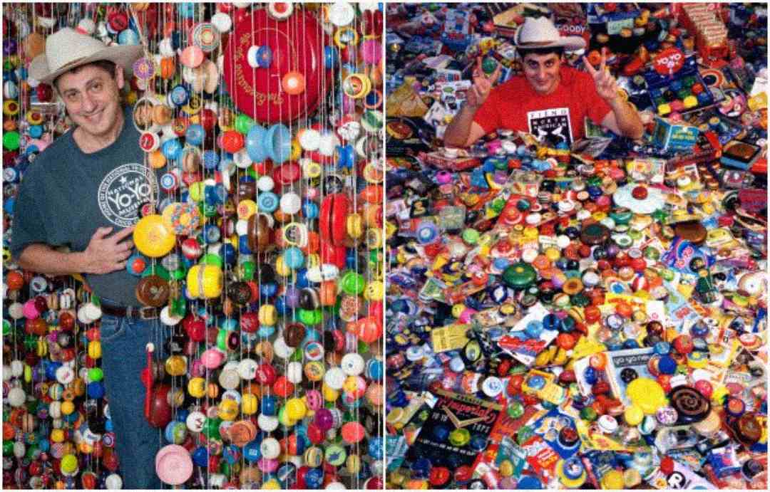 Two photos: On the left, a smiling man in a hat stands among hundreds of colorful yo-yos hanging on strings. On the right, he is surrounded by a huge pile of packaged and unpackaged yo-yos, giving a thumbs up.