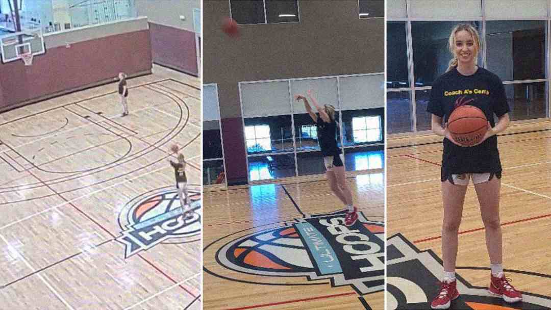 Three photos show a young woman playing basketball alone on an indoor court: shooting the ball, taking a jump shot, and standing smiling while holding a basketball on the center court logo.