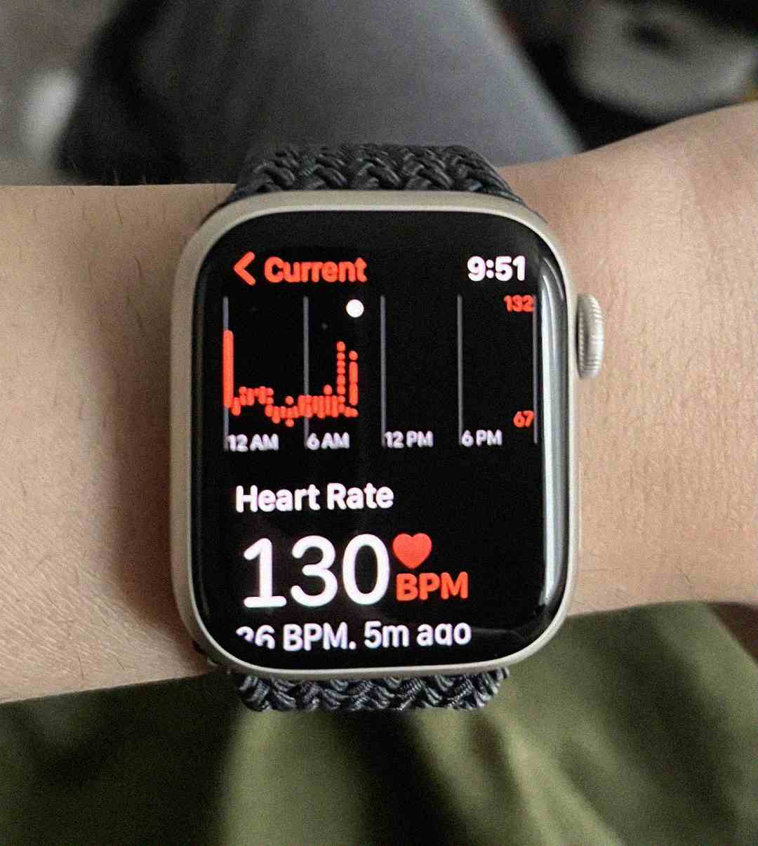 A smartwatch on a person's wrist displays a heart rate of 130 BPM with a red heart icon, a graph of heart rate activity, and the current time shown as 9:51.