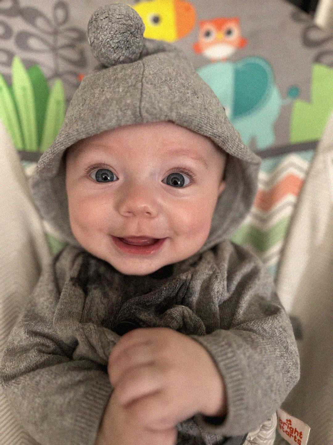 A smiling baby wearing a gray hooded outfit with a pom-pom sits wrapped in a blanket. The background features colorful animal illustrations, including an owl and an elephant.