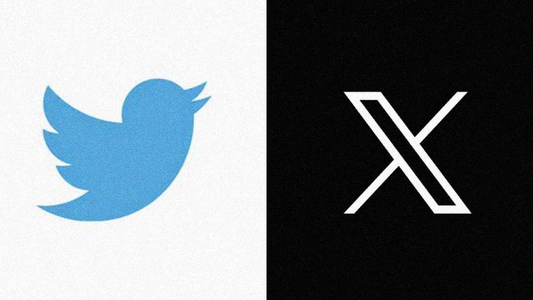 Side-by-side image showing the blue Twitter bird logo on a white background (left) and the white stylized “X” logo on a black background (right), representing Twitter’s rebranding to X.