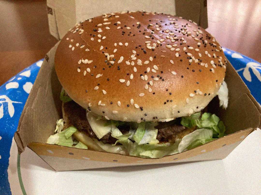 A close-up of a sandwich with a sesame seed bun, lettuce, cheese, and a burger patty, served in an open cardboard container on a blue and white paper plate.