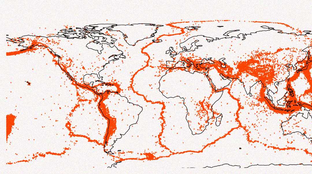 A world map displaying earthquake locations as orange dots, concentrated along tectonic plate boundaries, especially around the Pacific Ring of Fire, parts of Asia, and mid-ocean ridges.