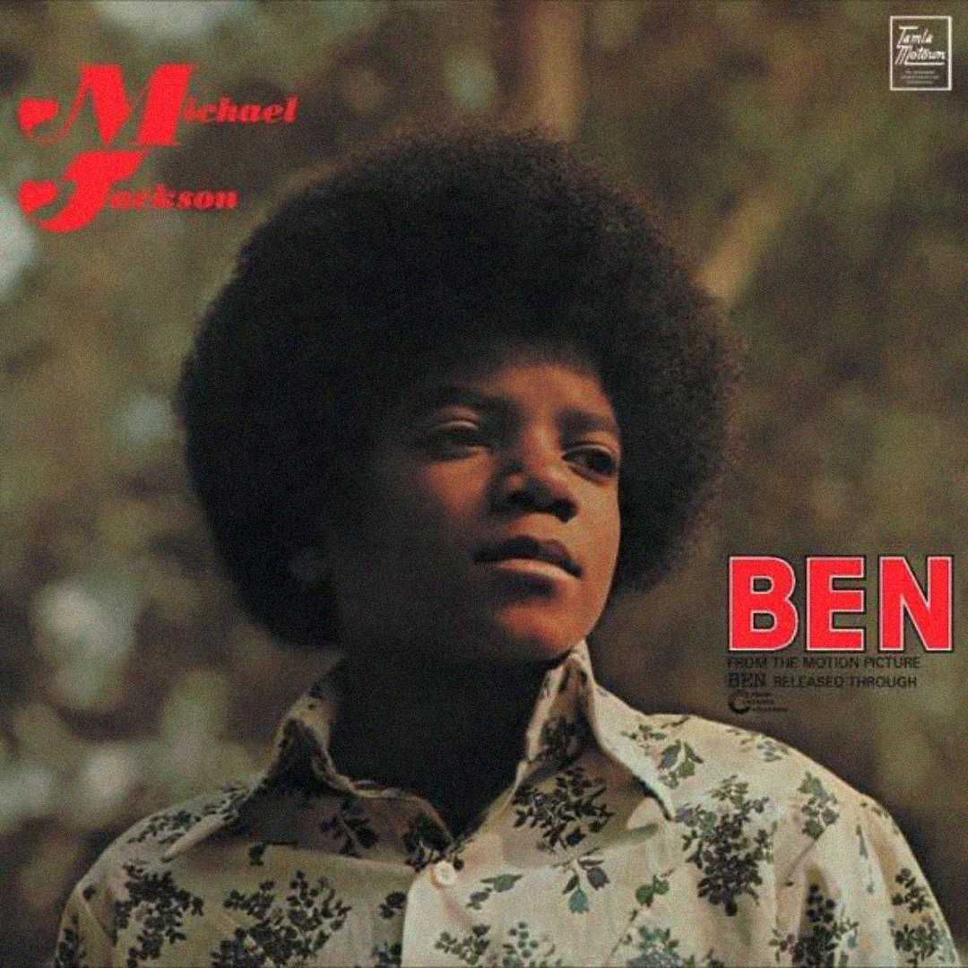 A young boy with an afro, wearing a floral shirt, looks into the distance. Text reads "Michael Jackson" at the top left and "BEN" in bold red letters at the lower right, with additional smaller text below.