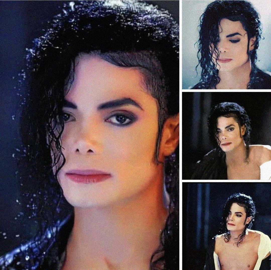 A collage of four photos showing a person with long, curly black hair and striking makeup, wearing a black or white outfit. Their expression is serious or contemplative in each image, with wet hair framing their face.
