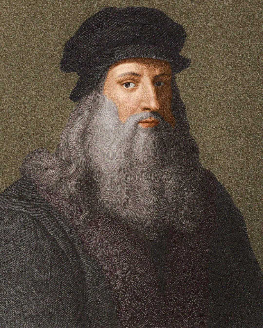 A painting of a man with long gray hair and a full beard, wearing a black hat and dark robe, looking slightly to the side against a plain background.