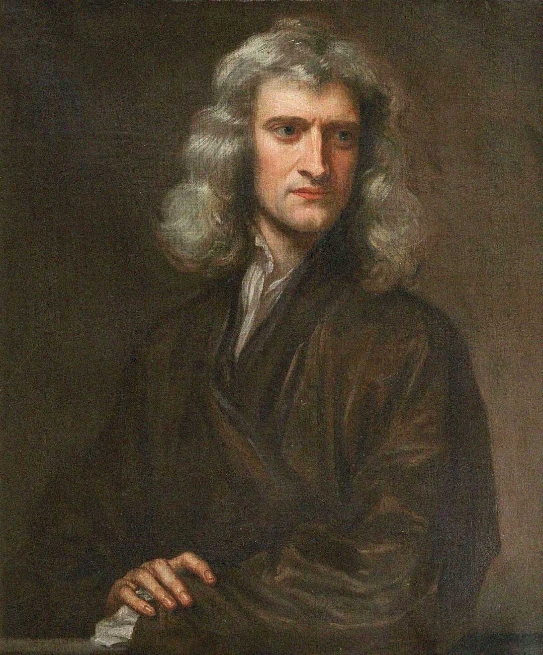 A painted portrait of a man with long, wavy gray hair, wearing a brown robe and white shirt, looking slightly to the side with a calm expression, one hand resting over the other.