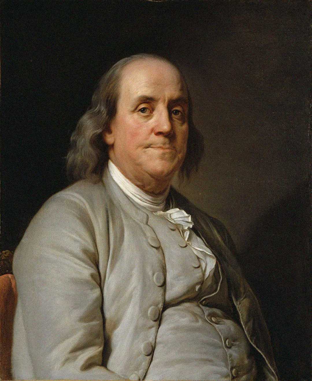 A painted portrait of an older man with shoulder-length gray hair, wearing a light-colored coat, vest, and white cravat, seated and facing slightly to the left against a dark background.
