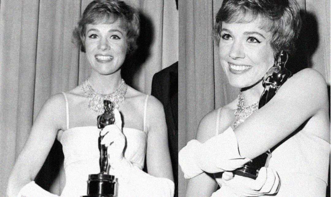 A black-and-white photo shows a woman in a formal dress and gloves holding an Oscar trophy, smiling joyfully in front of a curtain. The image is split into two similar portraits side by side.