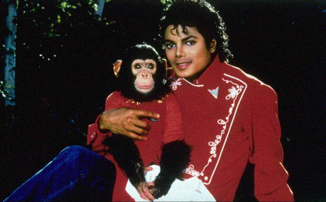 A man wearing a decorated red jacket sits outdoors, smiling and holding a small chimpanzee dressed in a matching red outfit.
