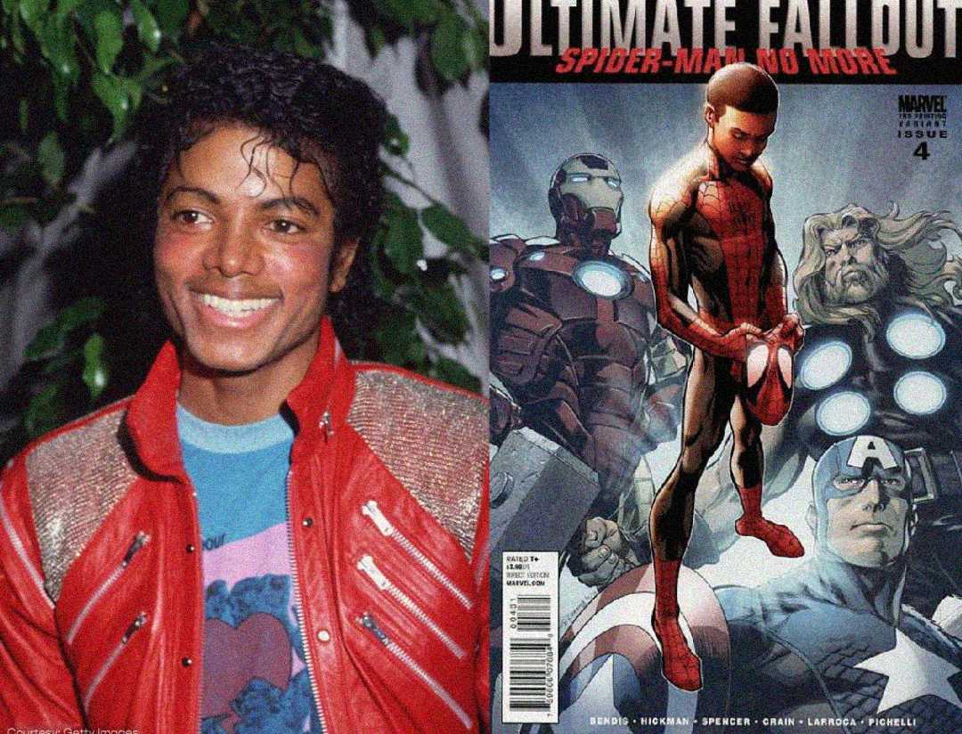 Split image: On the left, a person with curly hair and a red jacket smiles. On the right, a comic book cover shows Spider-Man (Miles Morales) unmasking, surrounded by Iron Man, Thor, and Captain America.