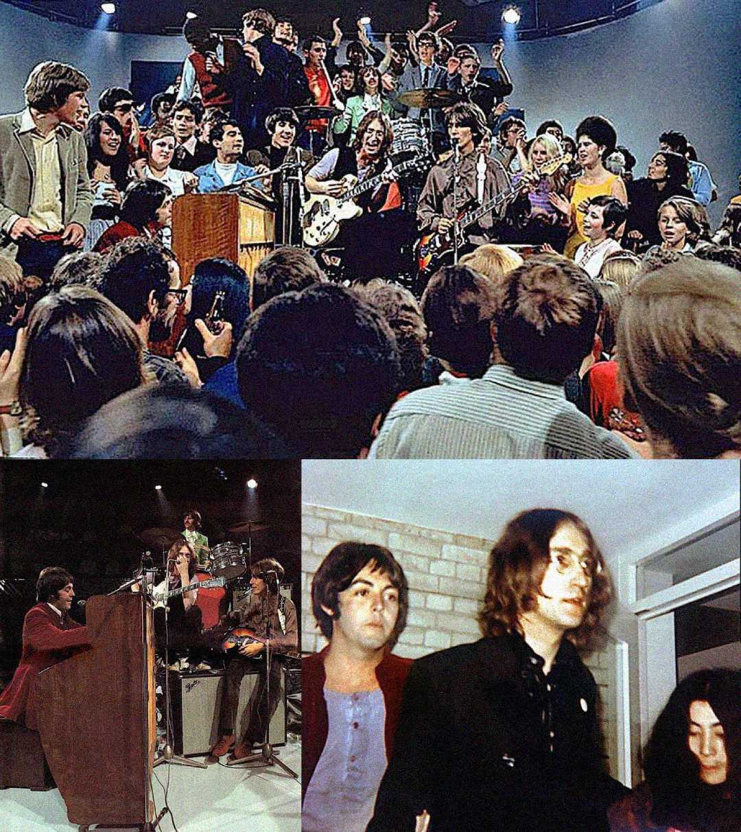 A collage with three photos: The Beatles perform on stage with a crowd around them; the band plays at a piano with other musicians; Paul McCartney and John Lennon walk indoors, with Lennon in sunglasses.