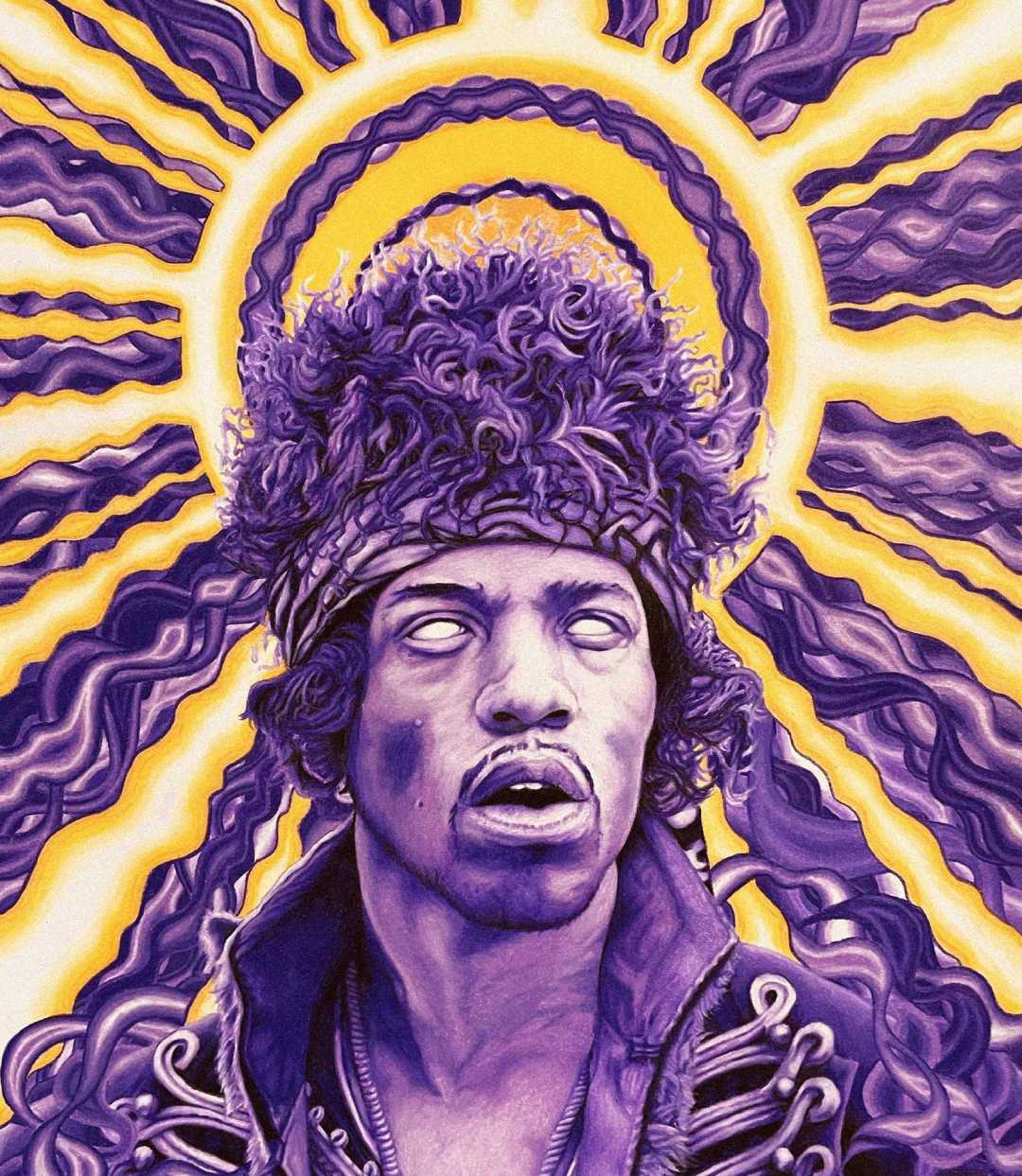 A stylized, purple and yellow illustration of a man with curly hair and a headband, shown with glowing white eyes and radiant, wavy beams emanating from his head, creating a psychedelic halo effect.