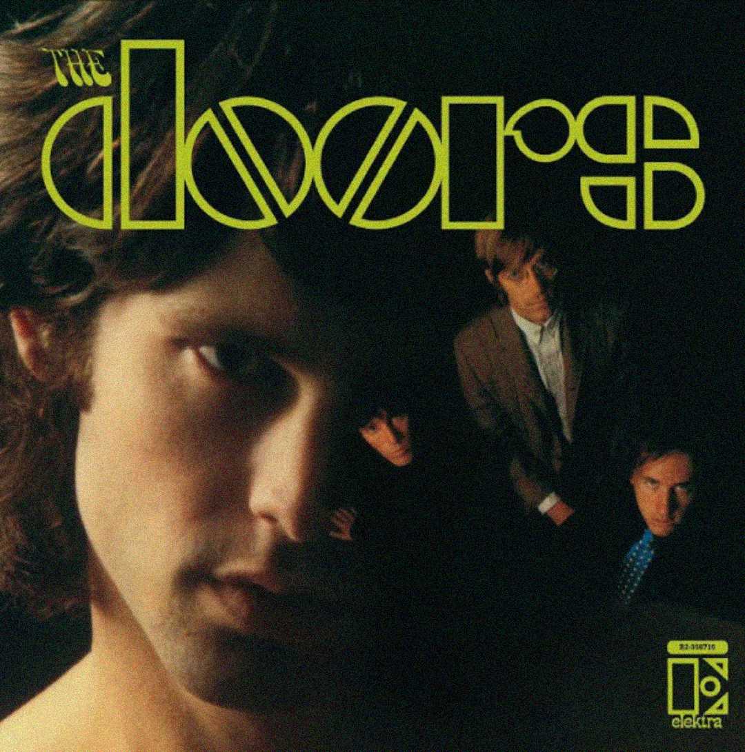 The album cover for The Doors features a close-up of a man's face in the foreground, with three other men in suits standing in the background, and "The Doors" in large yellow stylized text above them.