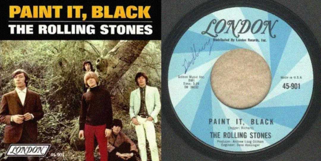 The image shows The Rolling Stones' "Paint It, Black" single cover with the band standing outdoors on the left, and the vinyl record with its label on the right.