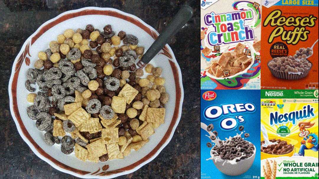 A bowl of mixed cereals with a spoon sits on a counter. Four cereal boxes are shown: Cinnamon Toast Crunch, Reese's Puffs, Oreo O's, and Nesquik, whose contents appear to be mixed in the bowl.