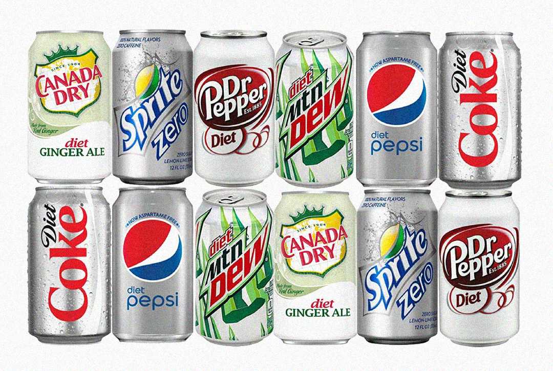 Twelve cans of various diet sodas, including Canada Dry Ginger Ale, Sprite Zero, Dr Pepper, Diet Mountain Dew, Diet Pepsi, and Diet Coke, are arranged in two rows against a white background.