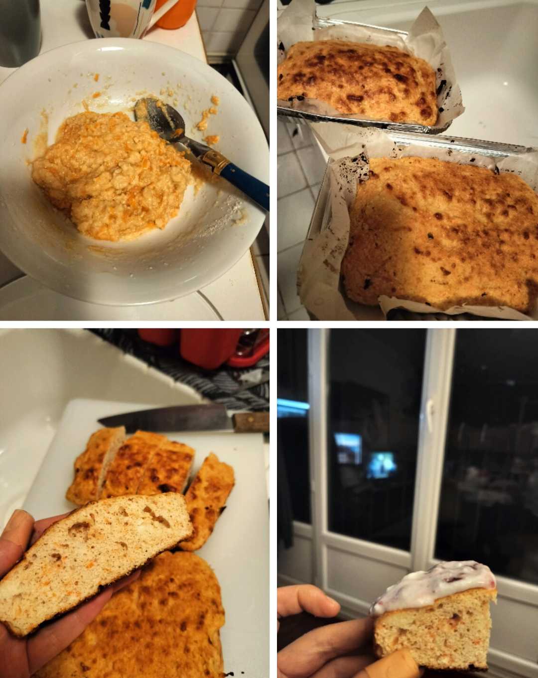A collage shows the process of making a cake: mixing batter in a bowl, two images of the baked cake in a pan, sliced cake on a cutting board, and a hand holding a frosted piece.