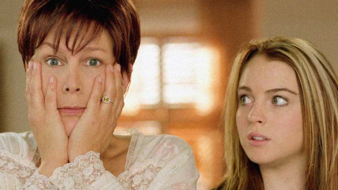 A woman with short brown hair holds her face in shock, while a young woman with long light brown hair looks at her with surprise. Both are indoors with soft lighting in the background.