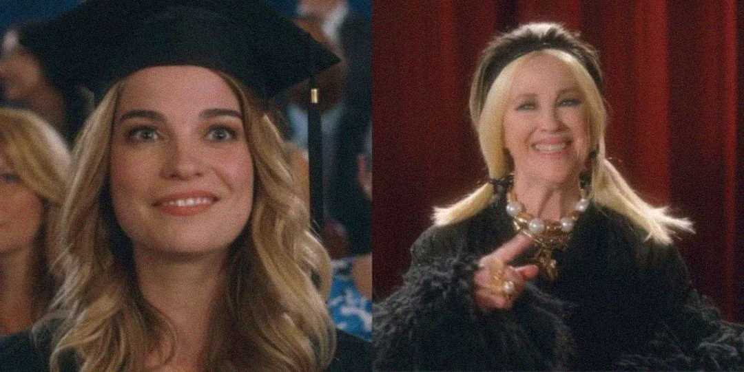 A split image shows a young woman in a graduation cap and gown smiling on the left, and an older woman with blond hair, dressed in black and wearing statement jewelry, smiling and gesturing on the right.