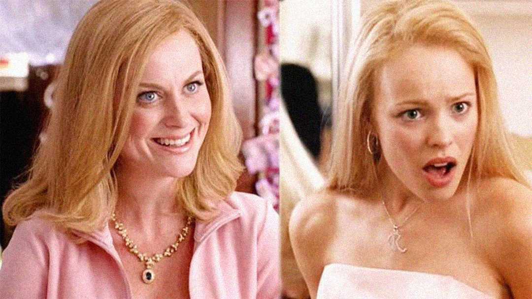 Split-screen image: On the left, a woman with reddish-blonde hair smiles warmly in a pink jacket and gold necklace; on the right, another woman with similar hair looks surprised, wearing a strapless pink top and "R" necklace.