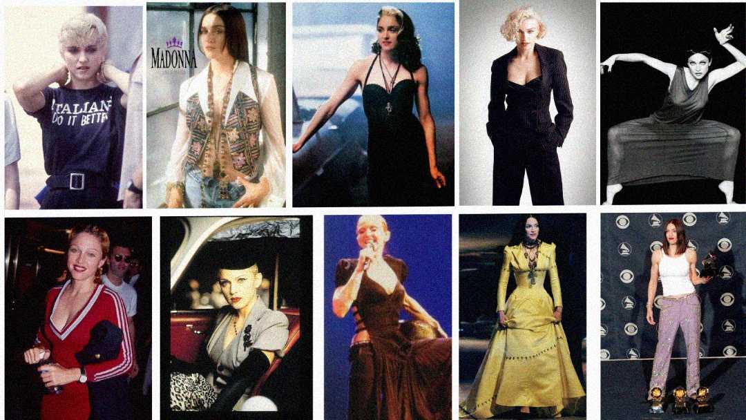A collage of ten different Madonna outfits, each showcasing her diverse and iconic fashion styles from different eras, including casual, glamorous, avant-garde, and stage costumes.