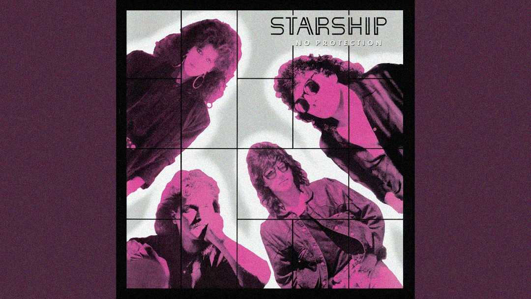 Four people with 1980s hairstyles and sunglasses pose against a pink-tinted, square-grid background. The text "STARSHIP" and "No Protection" appears at the top right. The image has a retro, rock band vibe.
