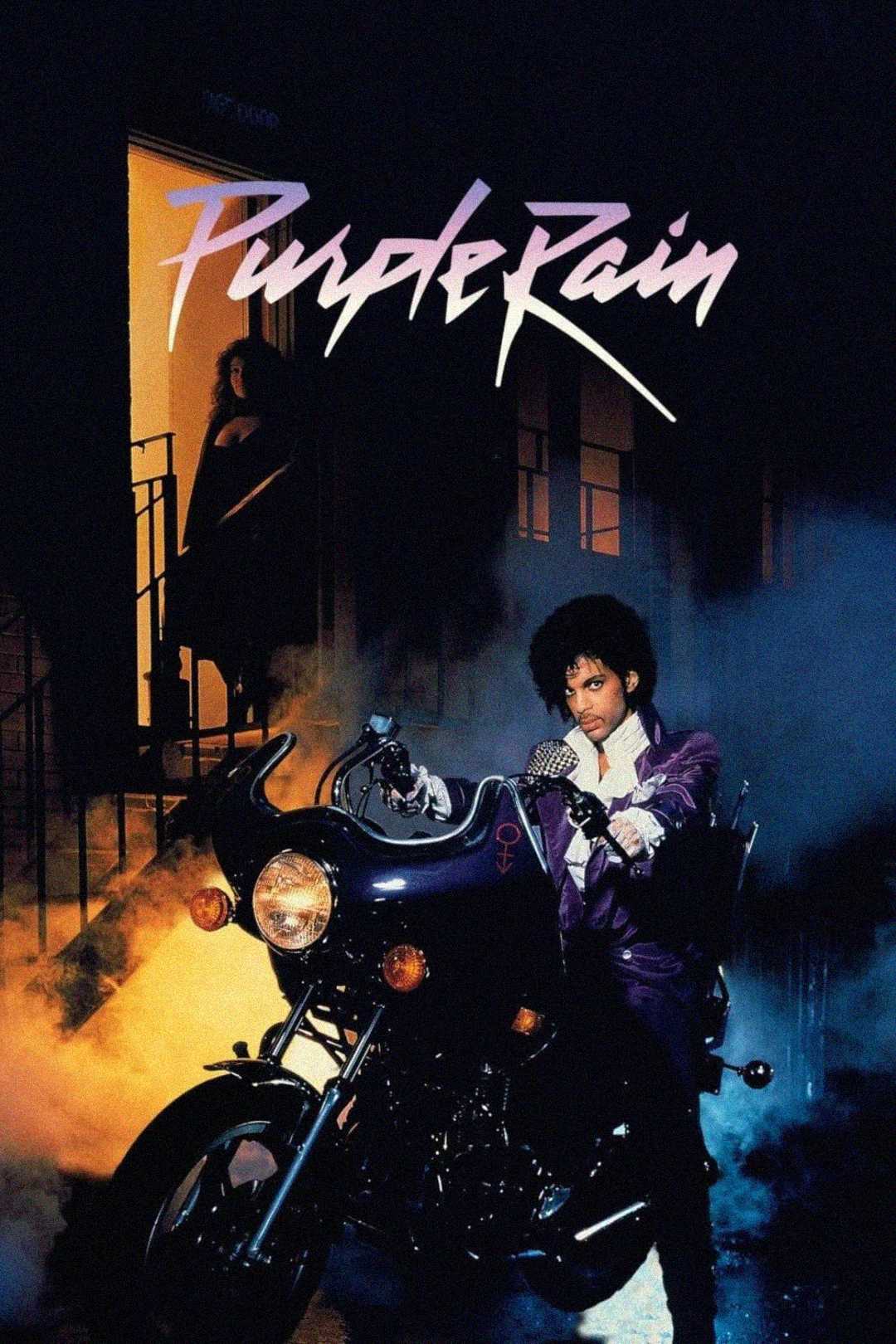 Man in a purple outfit sits on a motorcycle in dramatic lighting and fog, with a woman standing in a doorway behind him; “Purple Rain” is written in large script at the top.