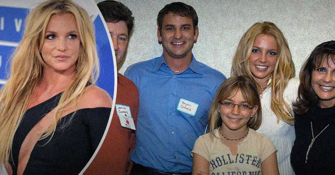 A composite image shows a woman with long blonde hair in a black dress on the left, and on the right, she poses smiling with a group of people, including a man, a woman, and a young girl wearing glasses.