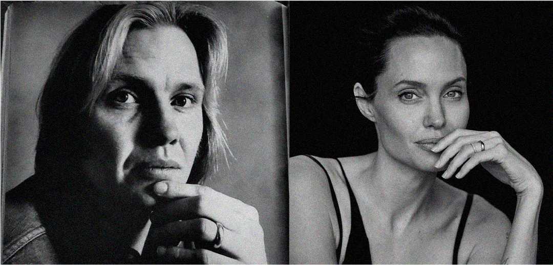 Two black-and-white portraits side by side: on the left, a person with chin-length hair and a contemplative expression; on the right, a woman with dark hair pulled back, resting her face on her hand, looking at the camera.