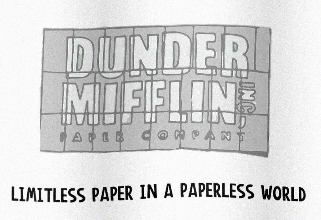 A grayscale Dunder Mifflin, Inc. Paper Company logo appears above the phrase "Limitless paper in a paperless world" written in bold, black letters.