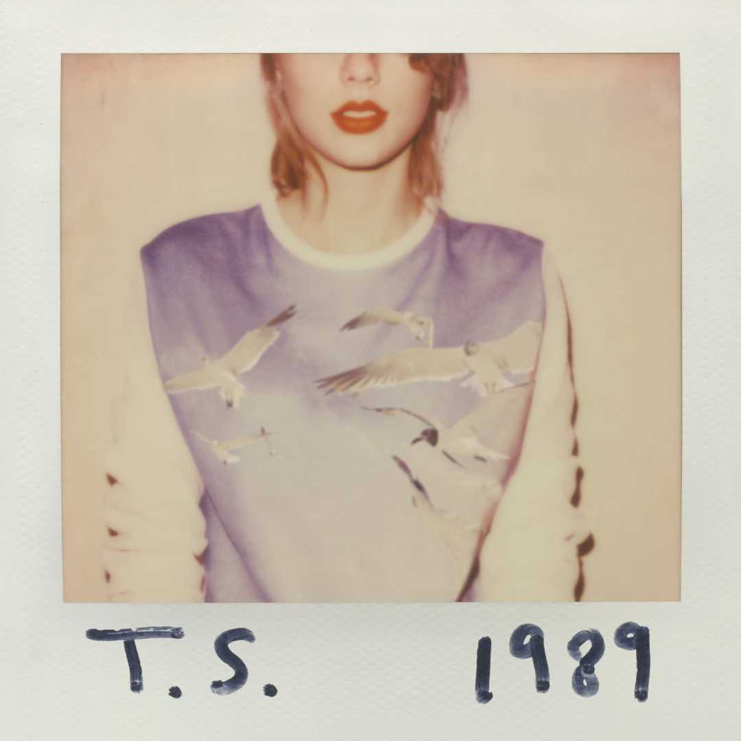 A Polaroid-style photo of a woman from the nose down wearing a sweater with seagulls on it, red lipstick, and the hand-written text "T.S." and "1989" at the bottom.