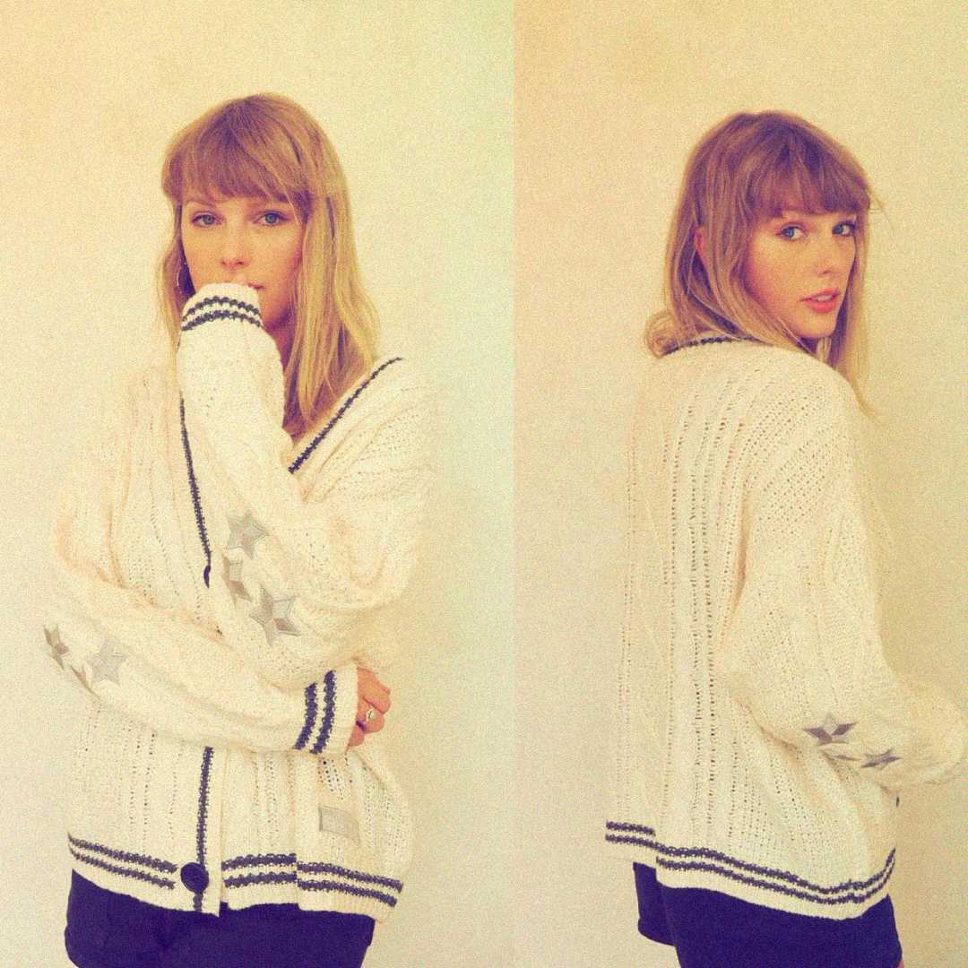 A woman with blonde hair wears a cozy white cardigan with star patterns on the sleeves, posing in front of a plain background. One photo shows her facing forward, the other shows her turned to the side.