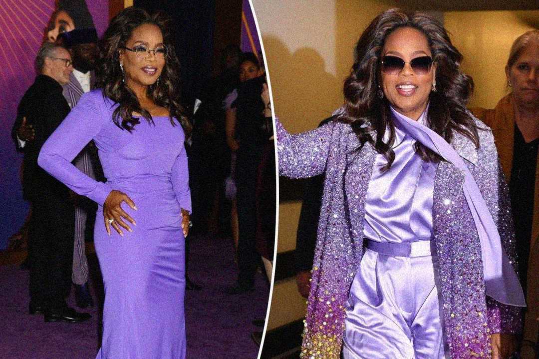 Two photos side by side show a woman with long wavy hair in stylish purple outfits—one in a fitted lavender gown at an event, the other in a sparkling purple suit and sunglasses, smiling and waving.