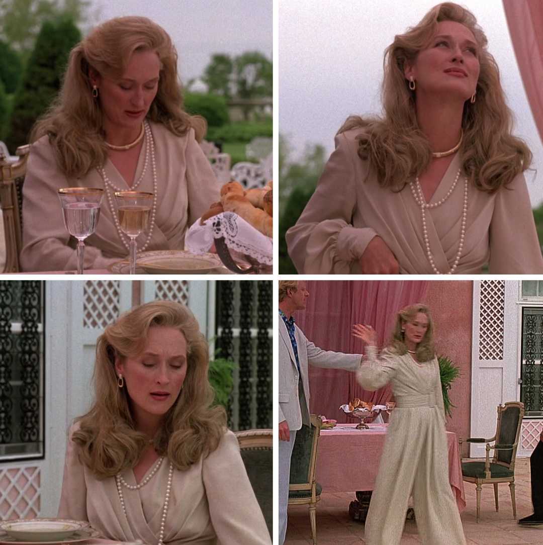 Four scenes show a woman with long blonde hair in a cream blouse and pearls dining outdoors, expressing various emotions, with elegant table settings and a garden or terrace background.