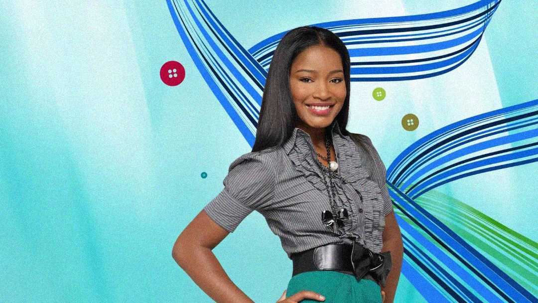 A woman with long straight black hair smiles, standing with one hand on her hip. She wears a gray ruffled blouse, a black belt, and green pants, with a blue abstract and button graphic background.