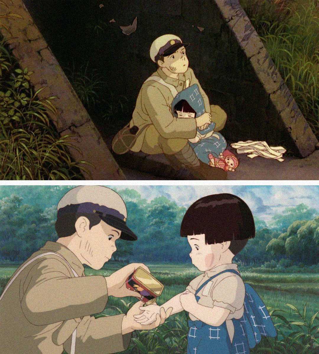Two anime scenes: Top—an older boy cradles a younger girl in a tunnel, both look distressed. Bottom—the same boy gives food to the smiling girl outside, both wearing similar clothes and the girl has a blue backpack.