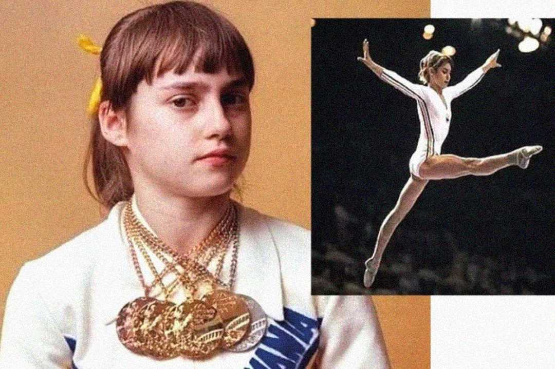 A young gymnast with straight brown hair and bangs wears a white outfit and multiple gold medals around her neck. An inset shows her performing a split leap in midair during a gymnastics routine.