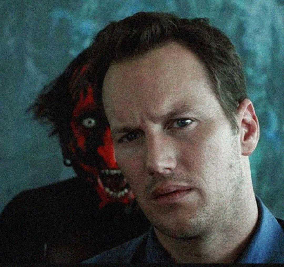 A man with a serious expression stands in the foreground while a sinister red-faced demon with glowing eyes and sharp teeth lurks behind him against a dark, eerie background.