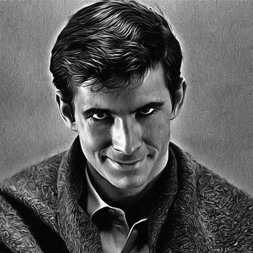 A black and white, stylized portrait of a man with dark hair and a mischievous, intense expression, looking directly at the camera. He is wearing a collared shirt and a textured, thick jacket.