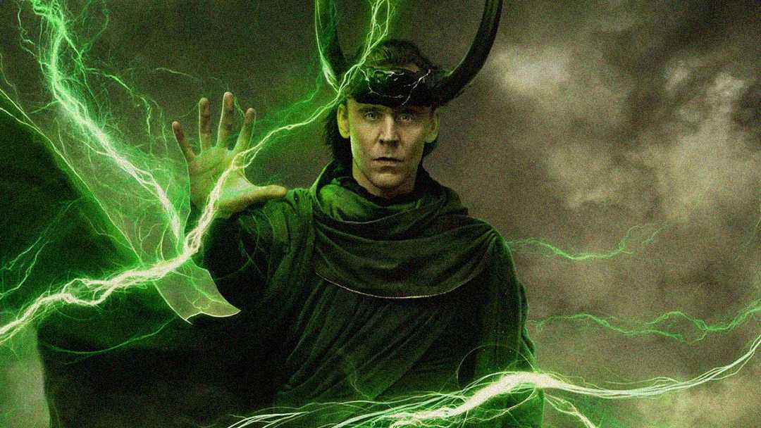 A person in a horned helmet and dark cloak holds up a hand, surrounded by bright green lightning-like energy against a stormy, smoky background.