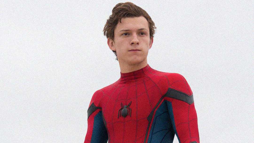 Tom Holland as Spider-Man in his iconic red and blue suit, looking off into the distance with a neutral expression against a white background.