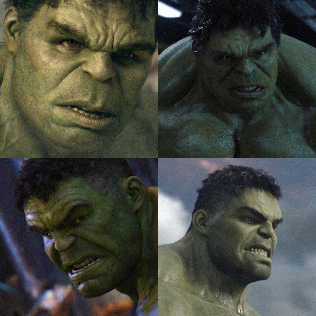 A collage of four close-up images of the Hulk, a green muscular character from Marvel, showing him with angry and intense expressions in different scenes.