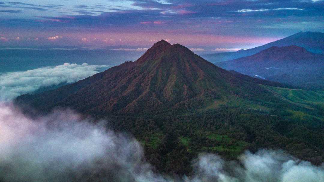 A lush green mountain rises above a sea of clouds during sunrise or sunset, with soft purple and blue hues in the sky and distant peaks visible on the horizon.