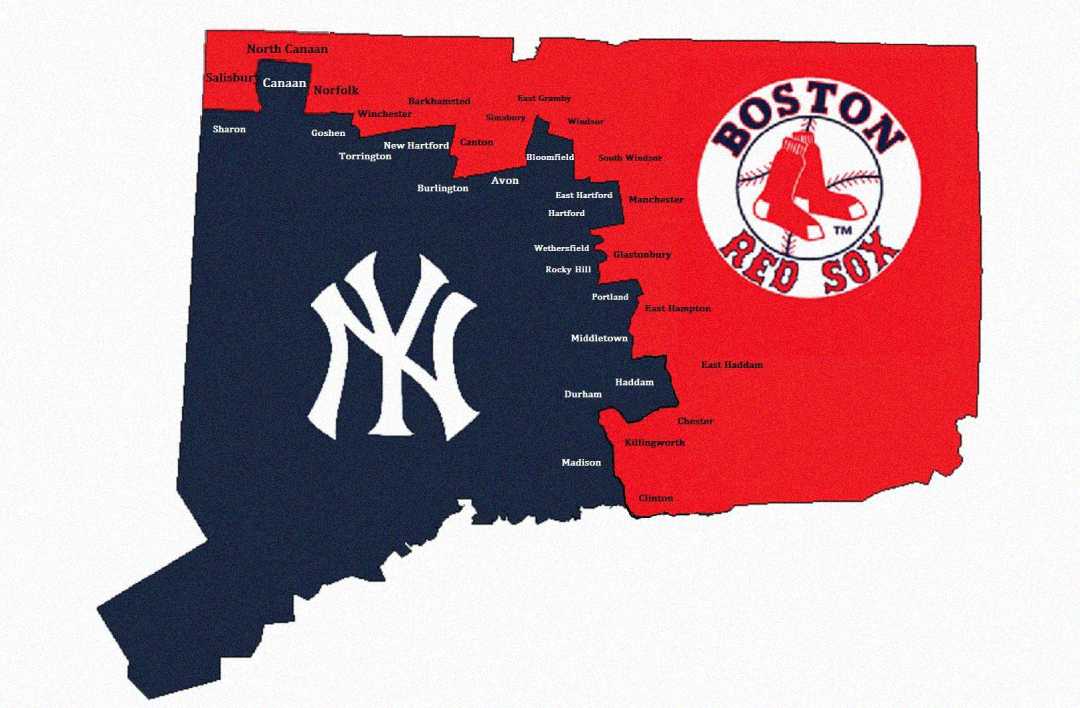 A map of Connecticut divided in half, with the western side colored navy blue featuring the New York Yankees logo, and the eastern side colored red with the Boston Red Sox logo. Town names are labeled throughout.