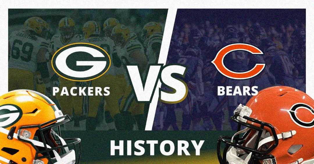 A graphic shows the Green Bay Packers logo and a helmet facing the Chicago Bears logo and helmet, with "Packers vs Bears" and "History" in bold text. Players from both teams are in the background.