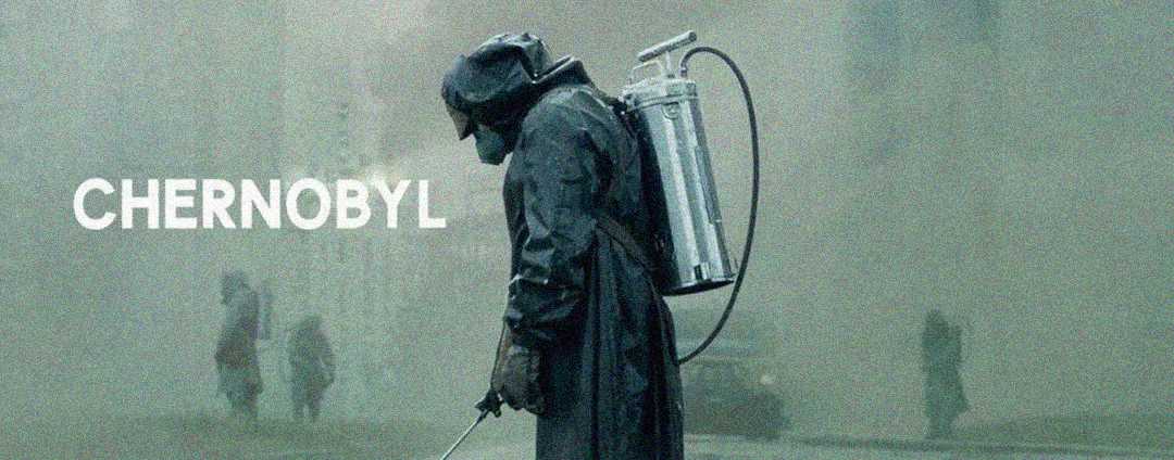 A person in protective gear and a gas mask carries a metal canister on their back, walking through a foggy, desolate area. The word "CHERNOBYL" appears in large white letters on the left.