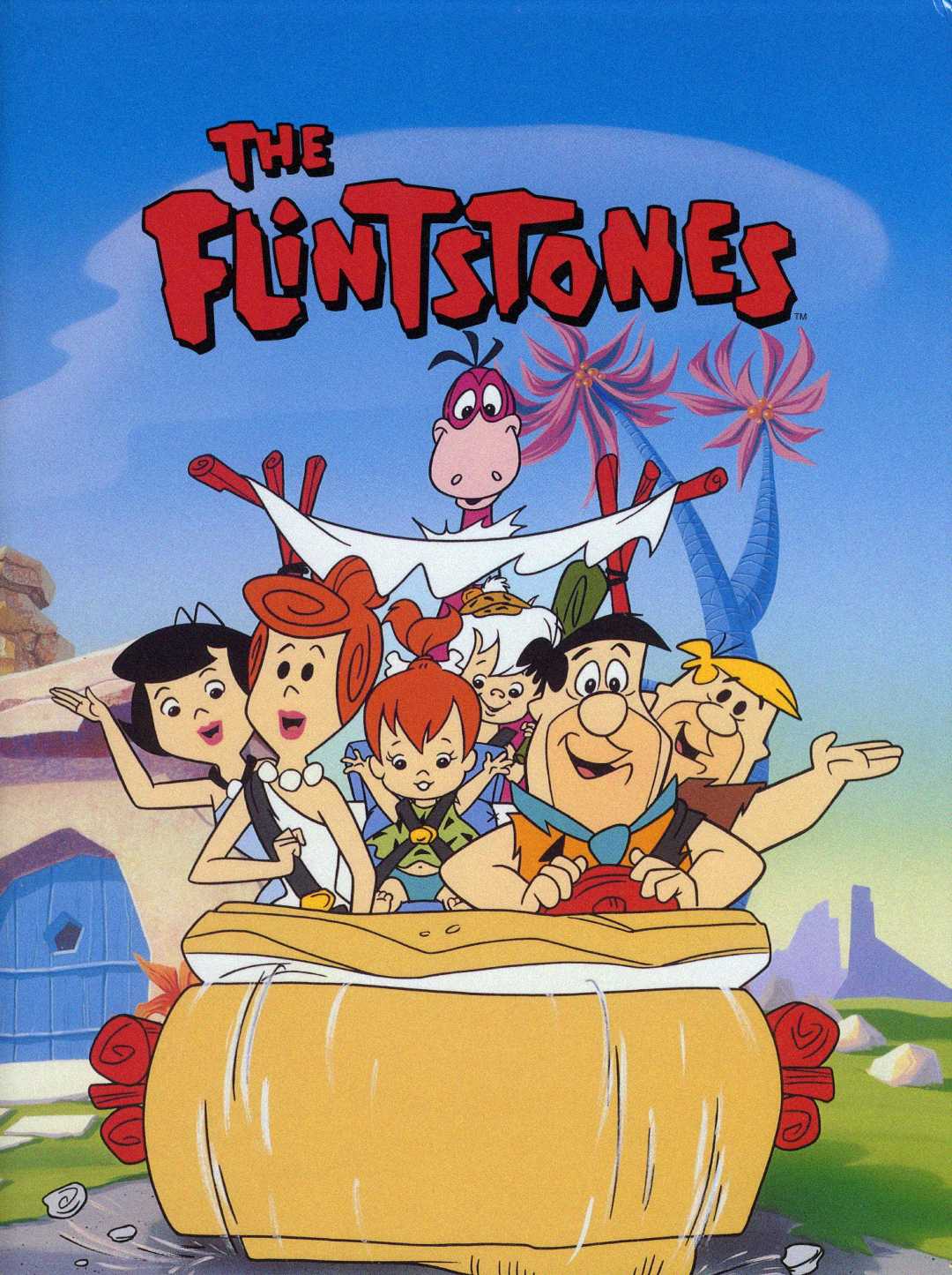 The Flintstones family and friends ride in a stone-age car with a white canopy. They are smiling and waving, with colorful prehistoric scenery and trees in the background. The pink dinosaur Dino is sitting on the roof.