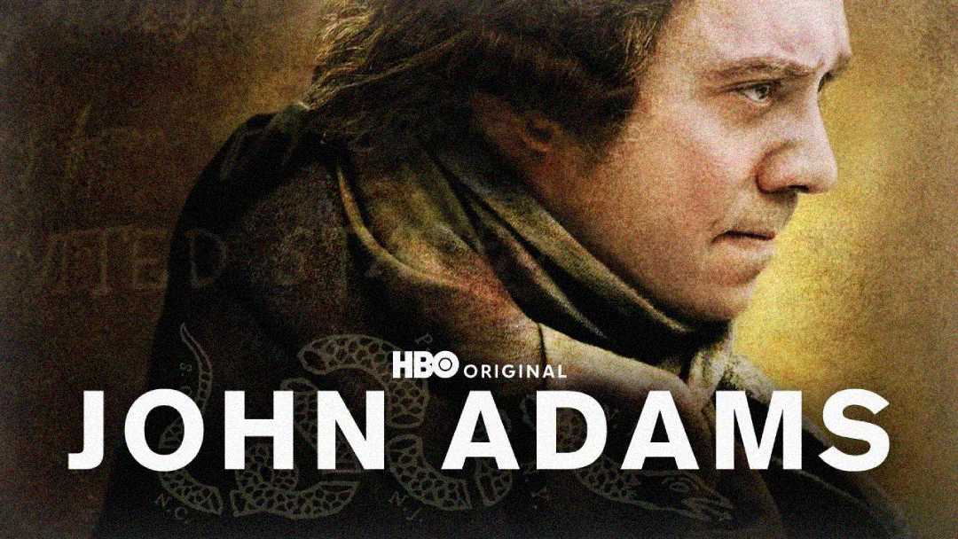 A serious man in historical clothing looks to the side; the text reads “HBO Original JOHN ADAMS” over a faded yellow-brown background with part of a snake illustration visible.